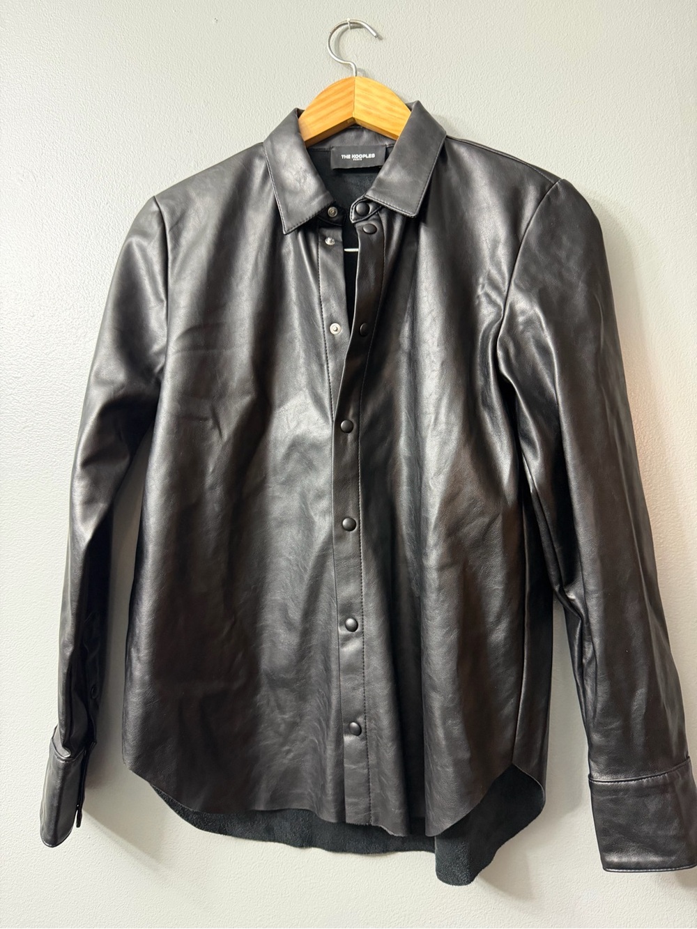 The Kooples Black Faux Leather Button-Up Shirt Jacket small